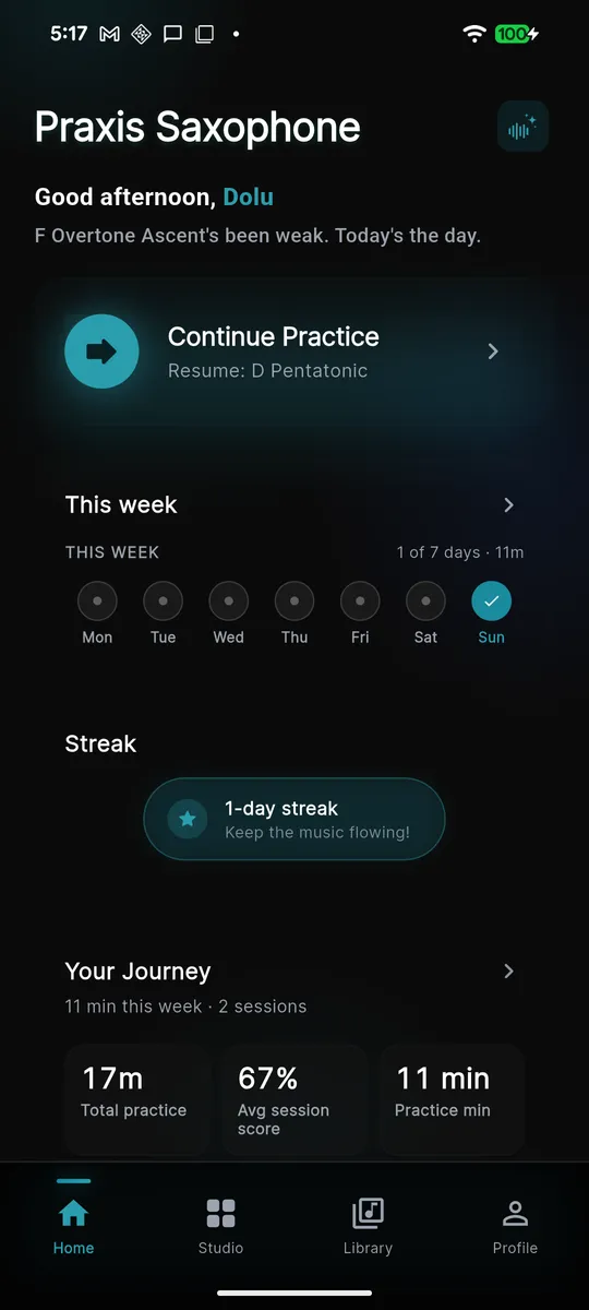 Home — today's plan, this week, and streak