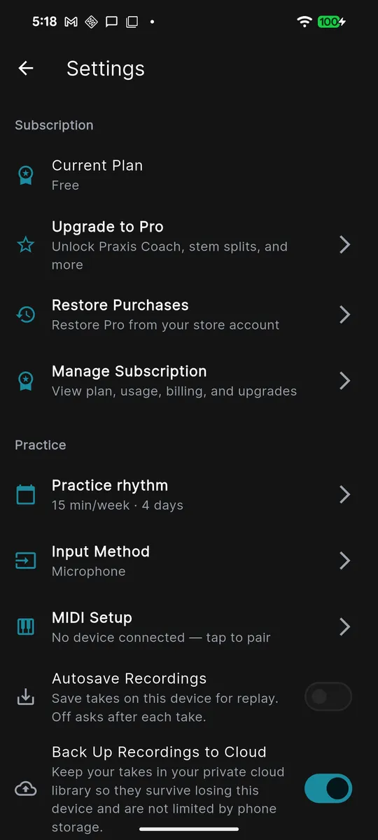 Settings — where diagnostics and input live