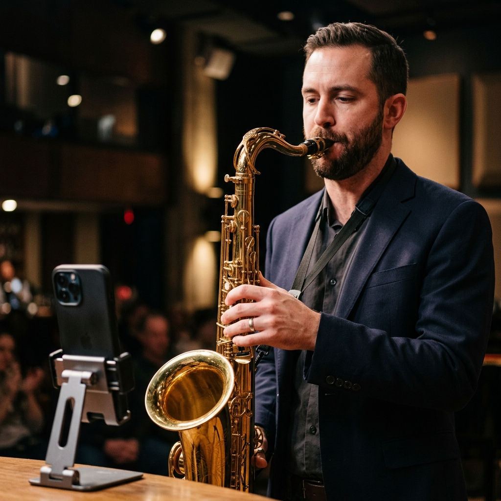 Saxophonist playing into smartphone microphone